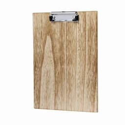 A wooden clipboard with a shiny metal clip, featuring a natural wood grain pattern.