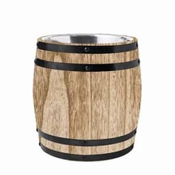 A wooden barrel featuring a natural finish with black metal bands. The barrel has a shiny, silver interior.