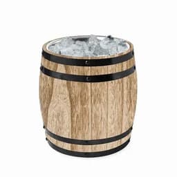 A wooden barrel filled with ice cubes, featuring black metal bands around its circumference.