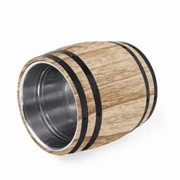 A wooden barrel-shaped drink container with stainless steel interior and black metal bands.