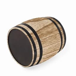 A wooden barrel with a light wood finish and black metal bands around it.