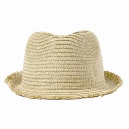 A straw hat in light beige with a textured finish and a slightly frayed edge.