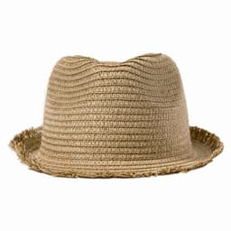 A straw hat with a wide brim and a textured design in a natural beige colour.