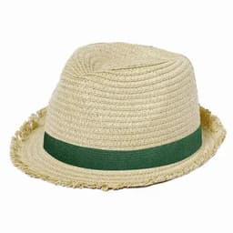 A straw fedora hat with a green band and a frayed edge, featuring a light tan colour.