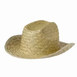 A straw cowboy hat in natural beige tones with a wide brim and a classic shape.