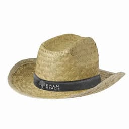 A straw hat in a natural shade with a dark band featuring a logo. Ideal for sun protection.