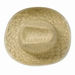 A straw hat with a wide brim, featuring a woven pattern in natural tones. It has a central indent for fit.