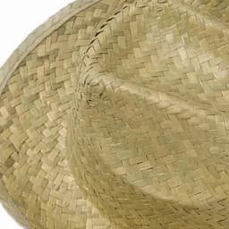 A straw hat in a light tan colour, featuring a woven texture and a classic design.