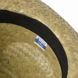 A straw hat featuring a black band and a small label. The hat has a light, woven texture.