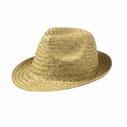 A straw hat with a wide brim and a light tan colour, featuring woven details and a casual style.