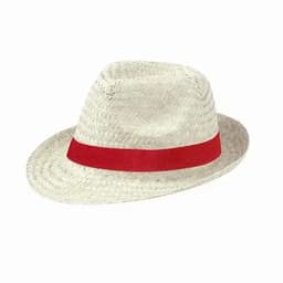 A straw hat featuring a red band. The hat has a classic fedora shape and a light, woven texture.