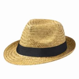 A straw hat featuring a light tan woven design and a black ribbon band. The hat has a classic fedora shape.