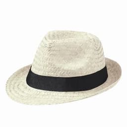 A straw hat in cream with a black band. It features a classic fedora style.