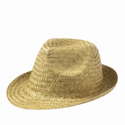 A straw hat with a wide brim and a structured crown, featuring a natural tan colour.
