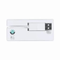 A USB cable in a clear packaging, featuring a white connector and a logo on the side.