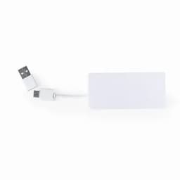 A power bank in white with a USB connection and a charging cable attached.