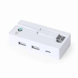A white multi-port USB hub with various ports and a logo.