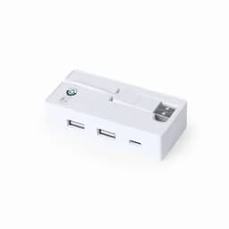 A white multi-port adapter with two USB-A ports and one USB-C port, featuring a logo.