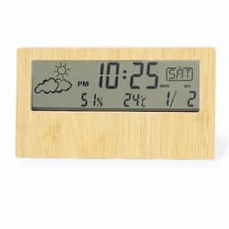 A digital clock with a wooden frame, displaying the time, date, temperature, humidity, and weather icons.
