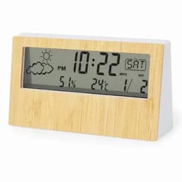 A digital clock with a bamboo frame displaying time, date, and weather information.
