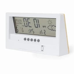 A digital weather station with a white frame, displaying time, temperature, humidity, and weather icons.