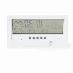 A digital weather station with a white frame displaying temperature, humidity, and weather icons.