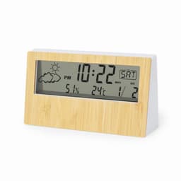 A digital clock featuring a bamboo front, displaying the time, date, and weather information in grey and white.