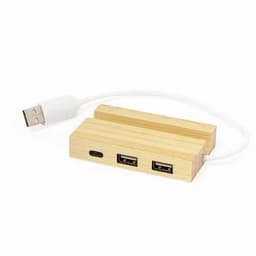 A wooden USB hub with two standard USB ports and one USB-C port, connected by a white cable.