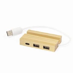 A wooden USB hub with two standard USB ports and one USB-C port, connected by a white cable.