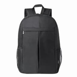 A black backpack with adjustable straps, featuring front pockets and side mesh pockets. It includes a branding logo.