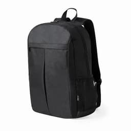 A black backpack with a textured front, zip closure, and a side mesh pocket. It features padded shoulder straps.