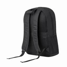 A black backpack with padded straps and a mesh back for comfort. It features a simple design and has a branding logo.