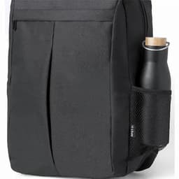 A black backpack with a textured finish, featuring a drink bottle in a mesh side pocket.