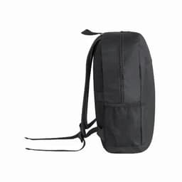 A black backpack with a sleek design, featuring mesh side pockets and adjustable straps. It includes a logo.