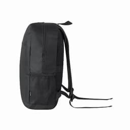 A black backpack with mesh side pockets, featuring adjustable straps and a sleek design. It has a logo.
