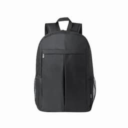 A black backpack featuring two front pockets and mesh side pockets, with padded shoulder straps and a logo.