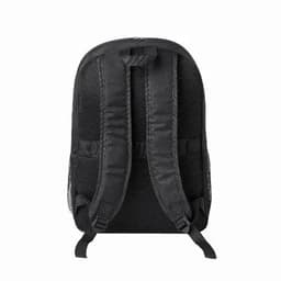A black backpack with padded mesh straps and a textured back panel, featuring two side mesh pockets.