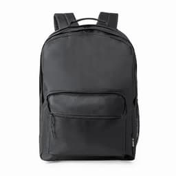 A black backpack with two straps and a front zip pocket, featuring a mesh side pocket.