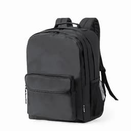 A black backpack featuring multiple compartments and padded straps for comfort. Includes a front pocket and side mesh pocket.