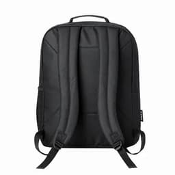 A black backpack featuring padded shoulder straps and a sleek design, with a logo visible on the side.