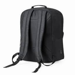 A black backpack featuring padded straps and a streamlined design, suitable for everyday use.