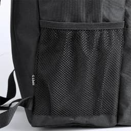 A drink bottle carrier in black featuring a mesh pocket and adjustable straps. It includes a logo or branding.