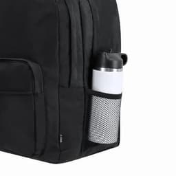 A black backpack featuring a side mesh pocket holding a silver and white drink bottle. The backpack has visible stitching detail.