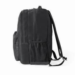 A black backpack with padded straps and a side mesh pocket. The design is simple and functional, with no visible branding.