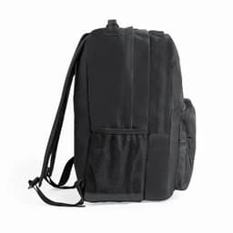 A black backpack with padded straps and a side mesh pocket, featuring a logo on the exterior.