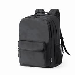 A black backpack with multiple compartments, padded straps, and a side mesh pocket. Features a textured exterior.