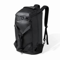 A black backpack with multiple zippers and adjustable straps. It features a sleek, modern design and a logo.