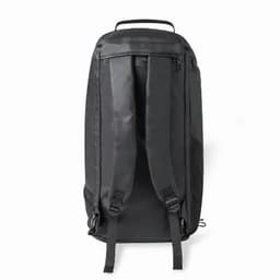 A black backpack featuring padded shoulder straps and a sleek design, including a logo on the front.