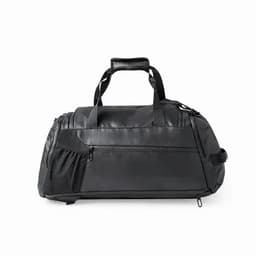 A black duffel bag with multiple compartments and a mesh side pocket. It features sturdy handles for easy carrying.
