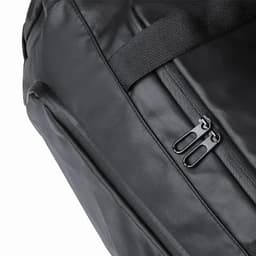 A black bag featuring a zippered pocket and a sturdy strap, made from durable material.